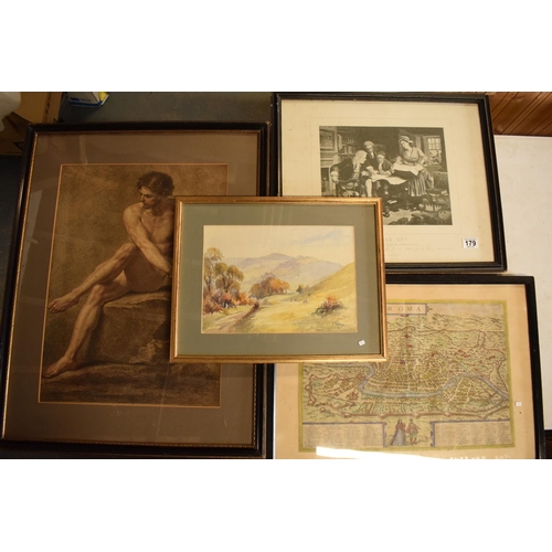 179 - A collection of antique prints to include H Toplis 1950, a map of Roma, Thomas Guy and a naked scene... 