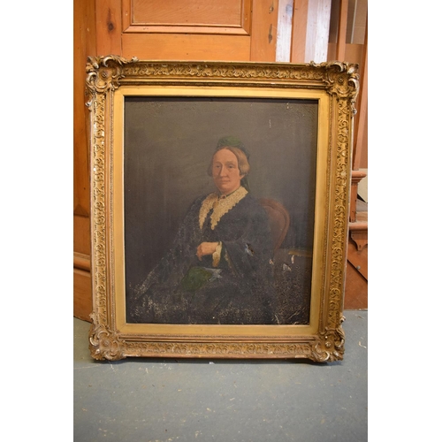 180 - 19th century oil on canvas of a seated lady in an ornate wooden frame. The frame has been knocked ab... 