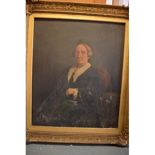 180 - 19th century oil on canvas of a seated lady in an ornate wooden frame. The frame has been knocked ab... 