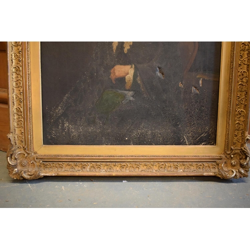 180 - 19th century oil on canvas of a seated lady in an ornate wooden frame. The frame has been knocked ab... 