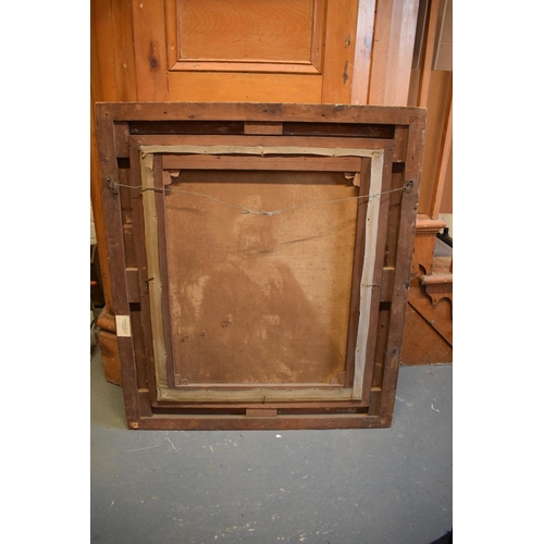 180 - 19th century oil on canvas of a seated lady in an ornate wooden frame. The frame has been knocked ab... 