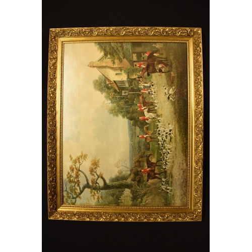 187 - A large quality 20th century print of a hunting scene, unsigned. Some breaks to the frame, though ge... 