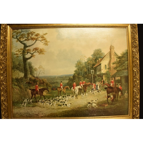 187 - A large quality 20th century print of a hunting scene, unsigned. Some breaks to the frame, though ge... 