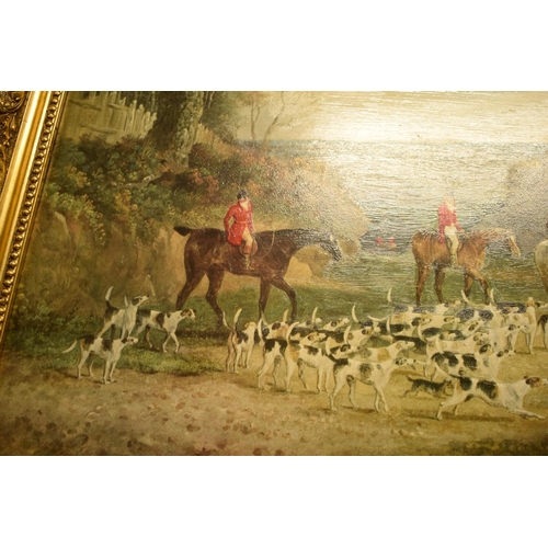 187 - A large quality 20th century print of a hunting scene, unsigned. Some breaks to the frame, though ge... 