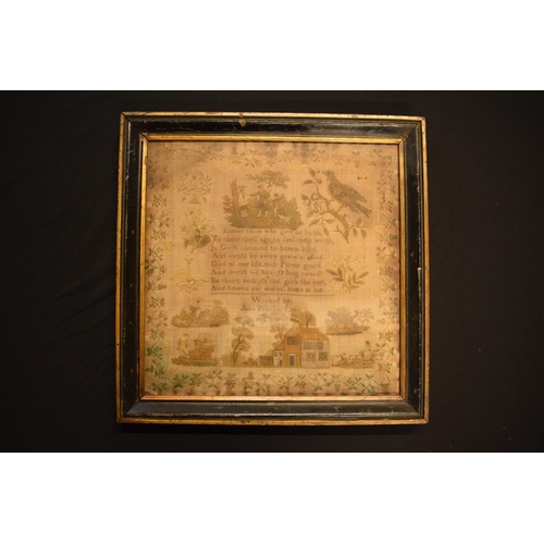 188 - 19th century sampler in ebonised wooden frame, Jane Pritchard 1836. There are some holes and rips in... 