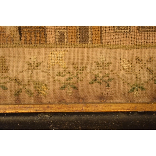 188 - 19th century sampler in ebonised wooden frame, Jane Pritchard 1836. There are some holes and rips in... 