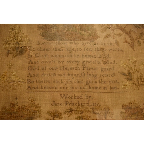 188 - 19th century sampler in ebonised wooden frame, Jane Pritchard 1836. There are some holes and rips in... 