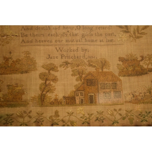 188 - 19th century sampler in ebonised wooden frame, Jane Pritchard 1836. There are some holes and rips in... 