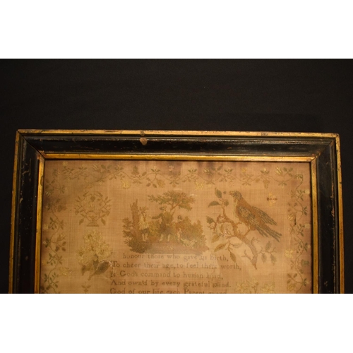 188 - 19th century sampler in ebonised wooden frame, Jane Pritchard 1836. There are some holes and rips in... 