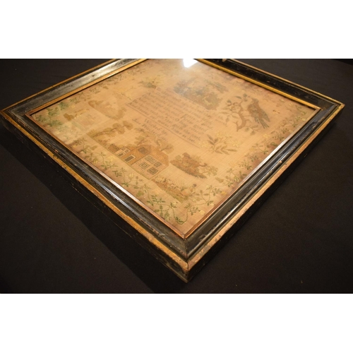 188 - 19th century sampler in ebonised wooden frame, Jane Pritchard 1836. There are some holes and rips in... 