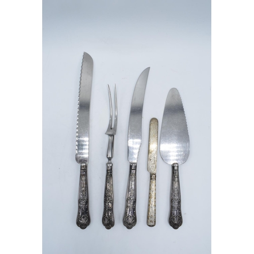 211 - A collection of silver collared cutlery together with a silver knife (London mid 1800s, 46 grams tot... 