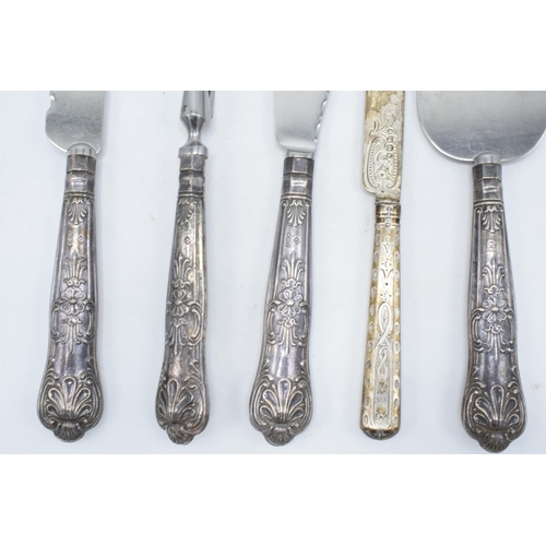 211 - A collection of silver collared cutlery together with a silver knife (London mid 1800s, 46 grams tot... 