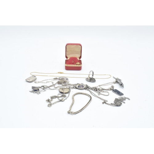 218 - Group of silver & 9ct gold jewellery: 9ct hallmarked gold men’s stud, boxed 0.9g, together with silv... 