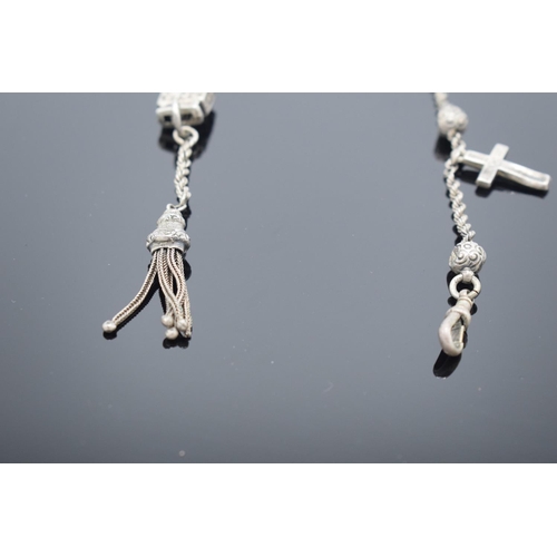 227 - Silver Albertine chain with tassels, 35cm long, 15.2 grams. Unmarked.