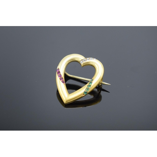 236 - 15ct (585) ruby, emerald and diamond heart brooch. Gross weight 3.1 grams.