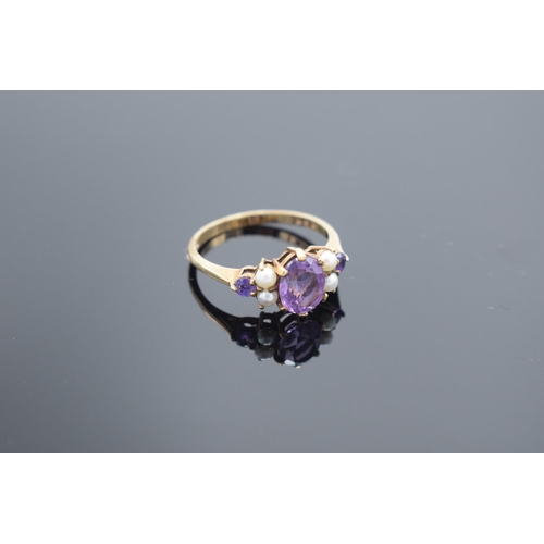 238 - 9ct gold ring with amethyst and pearl (hallmarked), gross weight 2.4 grams.