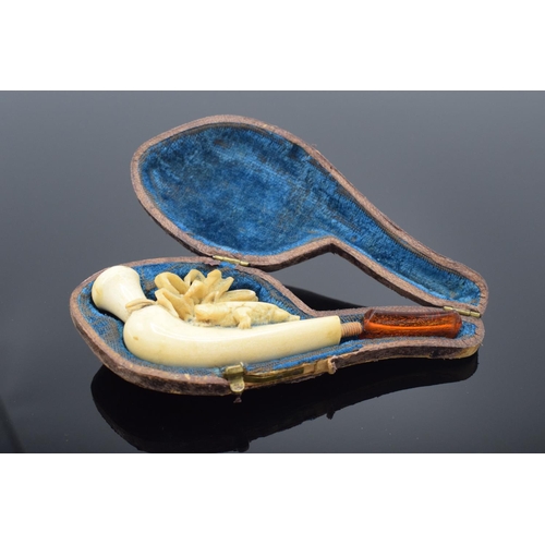 247 - Cased meerschaum pipe with a turtle decoration. The mouth piece is a/f and there is damage to the de... 