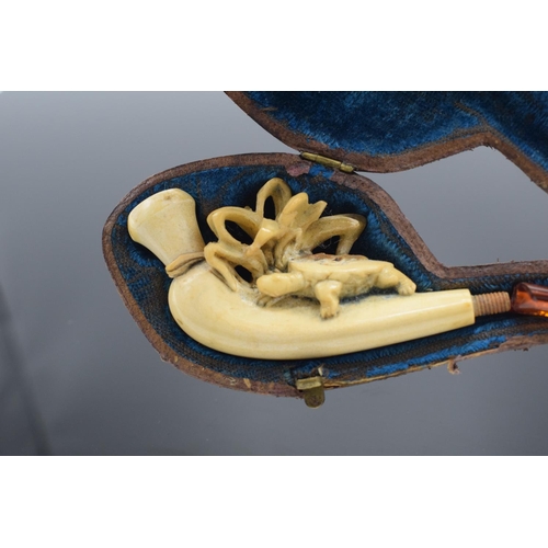 247 - Cased meerschaum pipe with a turtle decoration. The mouth piece is a/f and there is damage to the de... 