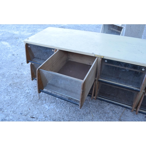 315 - 20th century shop display units with pull out wood and glass doors. Signs of old woodworm. In need o... 