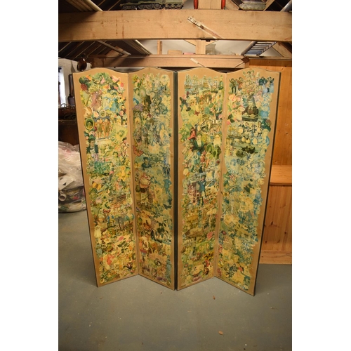 332 - Early 20th century folding scraps screen. 168cm tall. 128cm if extended flat.