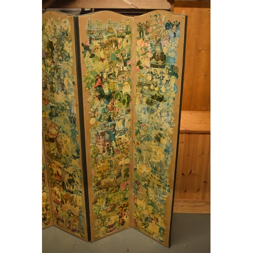 332 - Early 20th century folding scraps screen. 168cm tall. 128cm if extended flat.