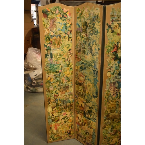 332 - Early 20th century folding scraps screen. 168cm tall. 128cm if extended flat.