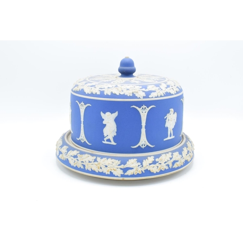 37 - 19th century blue and white Jasperware cheese dome: assumed Adams of Tunstall. Generally in good con... 
