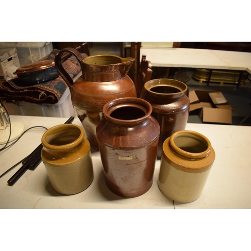 49 - A collection of stoneware to include jugs and jars etc (5) mostly as found/ restored, 40cm tallest