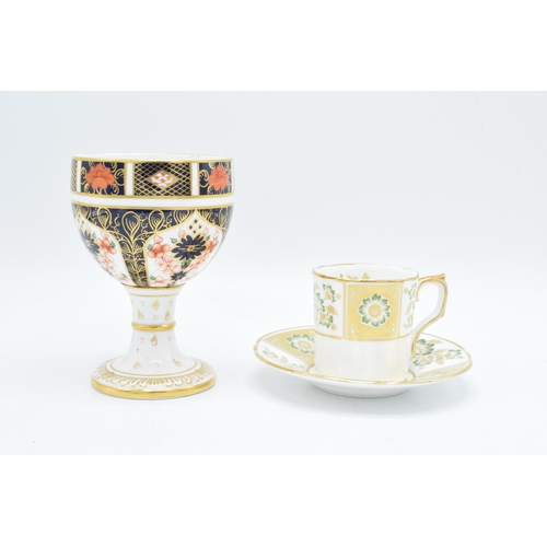 72 - Royal Crown Derby 1128 Imari goblet and a green Derby Panel coffee can and saucer (2) Golbet is mark... 