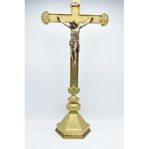 92 - Early 20th century cast brass church crucifix with a figure of Jesus, marked 'INRI', possibly French... 