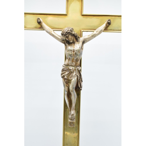 92 - Early 20th century cast brass church crucifix with a figure of Jesus, marked 'INRI', possibly French... 