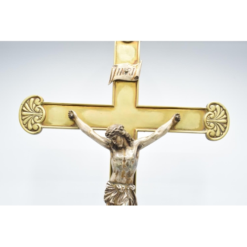 92 - Early 20th century cast brass church crucifix with a figure of Jesus, marked 'INRI', possibly French... 