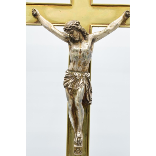 92 - Early 20th century cast brass church crucifix with a figure of Jesus, marked 'INRI', possibly French... 