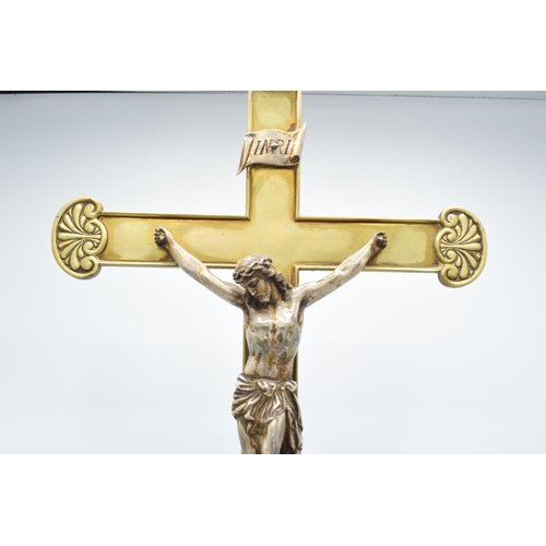 92 - Early 20th century cast brass church crucifix with a figure of Jesus, marked 'INRI', possibly French... 