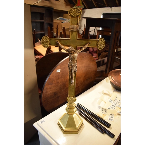 92 - Early 20th century cast brass church crucifix with a figure of Jesus, marked 'INRI', possibly French... 