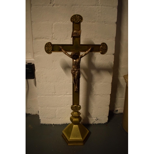 92 - Early 20th century cast brass church crucifix with a figure of Jesus, marked 'INRI', possibly French... 