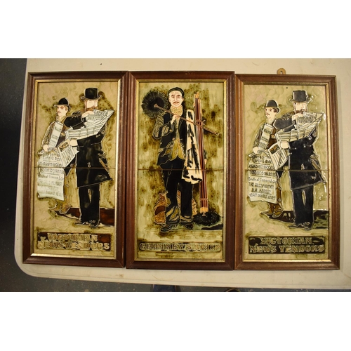 108 - Maws and Co framed tiles to include Victorian professions such as News vendor x 2 and a Chimney Swee... 