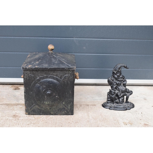 278 - Edwardian square metal coal bin together with a 20th century reproduction Mr Punch doorstop (2). 42c... 