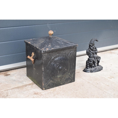 278 - Edwardian square metal coal bin together with a 20th century reproduction Mr Punch doorstop (2). 42c... 