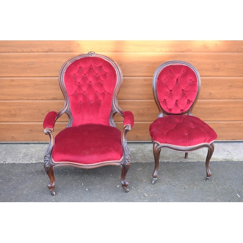 296 - A pair of Edwardian upholstered His and Hers chairs on casters. Signs of old worm. There have been s... 