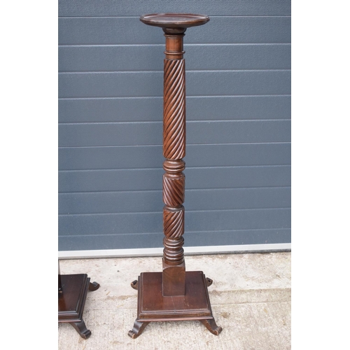 298 - Pair of Victorian mahogany plant stands/ torcheres. One had been converted to a lamp base and still ... 