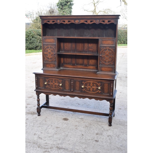 300 - Late Victorian/Edwardian oak dresser and plate rack with brass handles. 146 x 49 x 179.