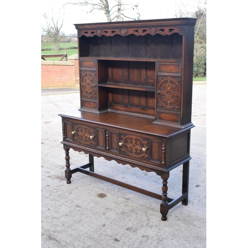 300 - Late Victorian/Edwardian oak dresser and plate rack with brass handles. 146 x 49 x 179.