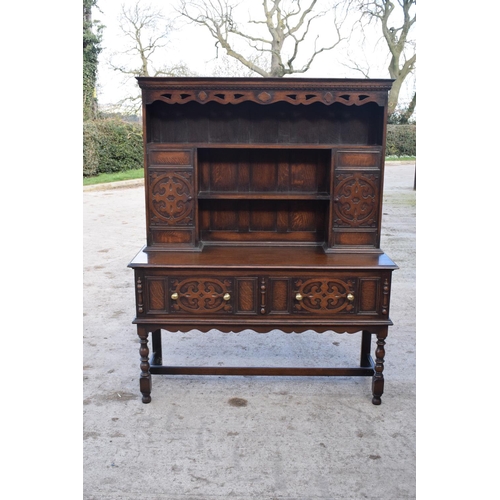 300 - Late Victorian/Edwardian oak dresser and plate rack with brass handles. 146 x 49 x 179.