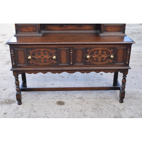 300 - Late Victorian/Edwardian oak dresser and plate rack with brass handles. 146 x 49 x 179.