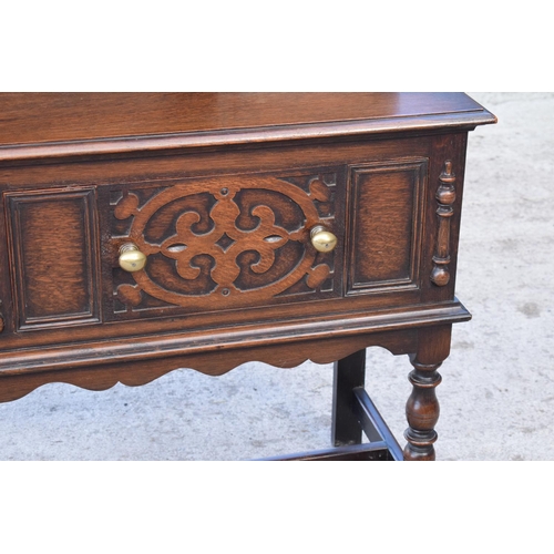 300 - Late Victorian/Edwardian oak dresser and plate rack with brass handles. 146 x 49 x 179.