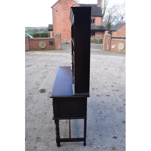 300 - Late Victorian/Edwardian oak dresser and plate rack with brass handles. 146 x 49 x 179.