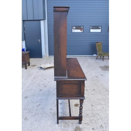 300 - Late Victorian/Edwardian oak dresser and plate rack with brass handles. 146 x 49 x 179.