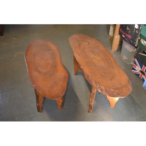 305 - Mid 20th century single plank coffee tables (2). One has had a leg reglued. A little rickety. 114 x3... 