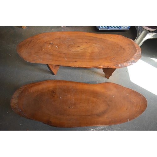 305 - Mid 20th century single plank coffee tables (2). One has had a leg reglued. A little rickety. 114 x3... 